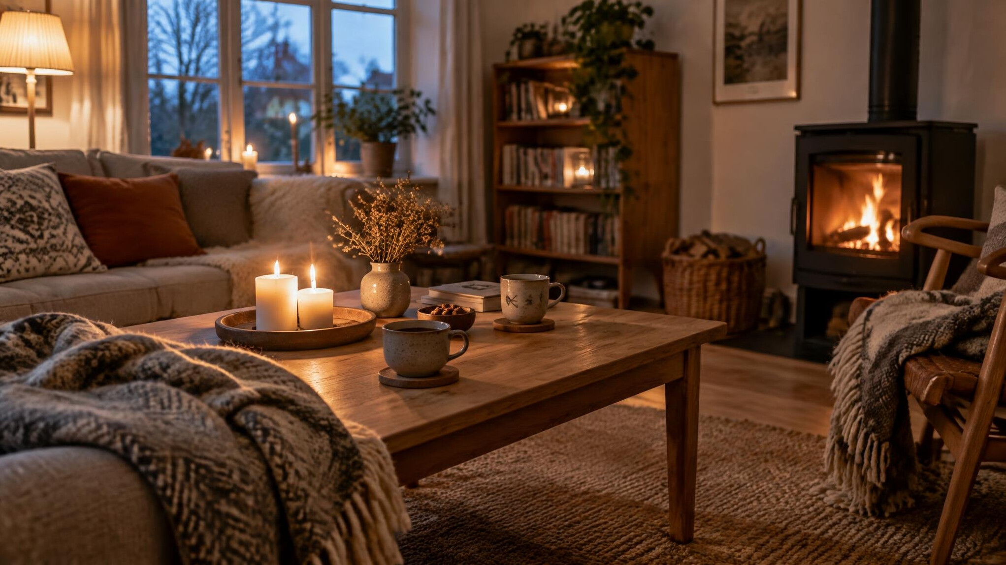 Candlelit table setting with coffee cups in a Danish home