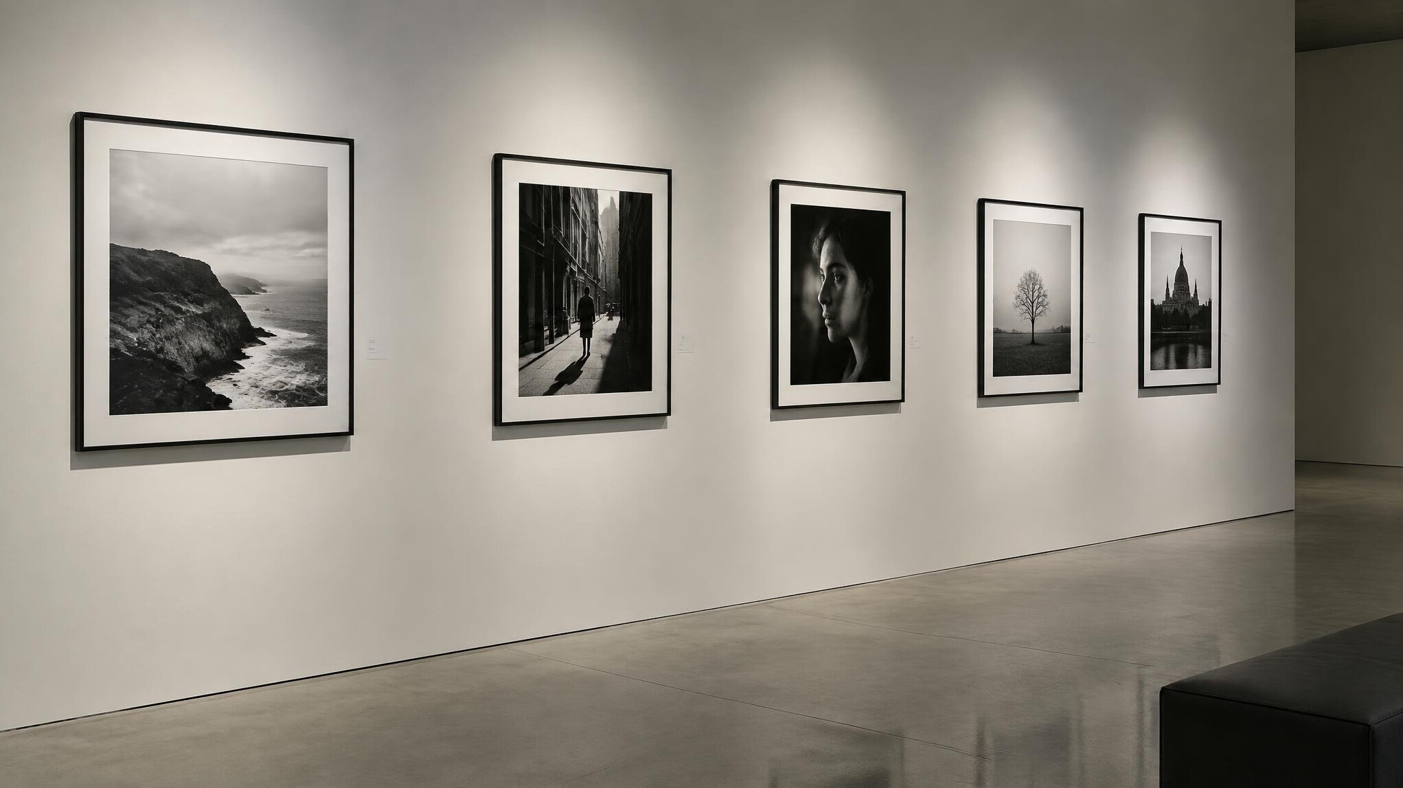 Framed black and white photographs hanging on a gallery wall